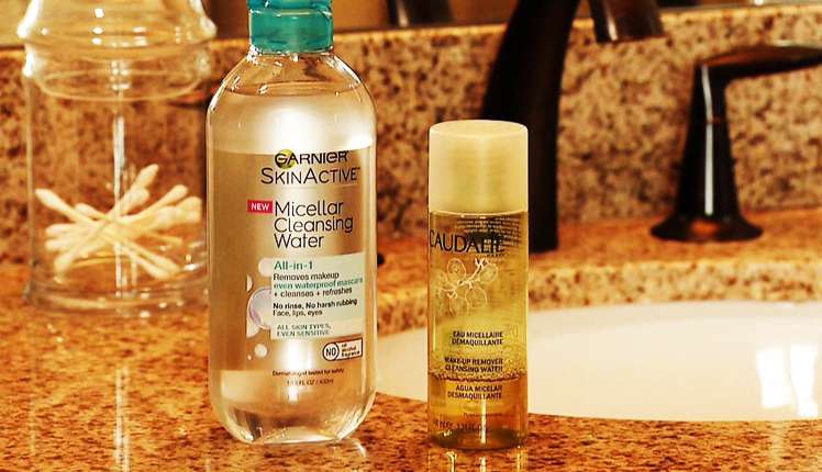 Rinse cotton balls in micellar water and wipe on your skin. It’s easy and fast. Source: Garnier
